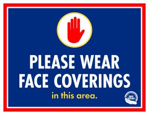 Illustration of red hand and text that reads: Please wear face coverings in this area.
