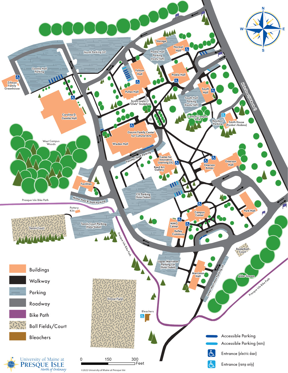 A map of campus showing locations of buildings, parking lots, walking paths, and handicap accessible entrances. See link above for a list of buildings and addresses. 