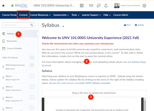Screenshot showing the Syllabus area in a Brightspace course with the Syllabus button in the menu highlighted, as well as the area for an instructor to update their information, and the attached syllabus file.
