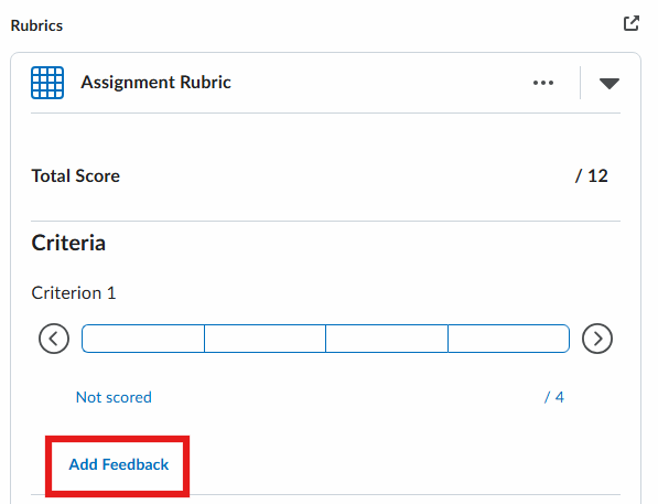 Screenshot of Brightspace rubric scoring interface with Add Feedback highlighted