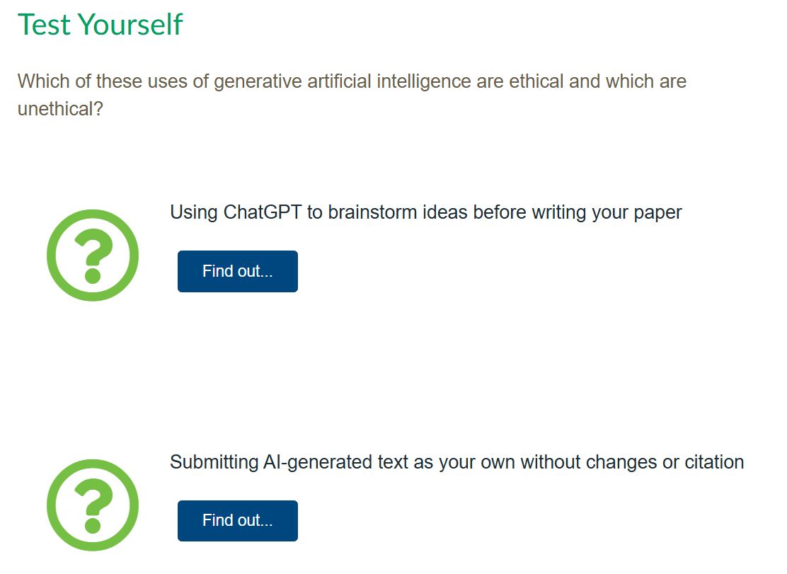 Screenshot of course content that uses the Click n Reveal interaction where students read and question and click a button labeled "Find Out" to see the response.