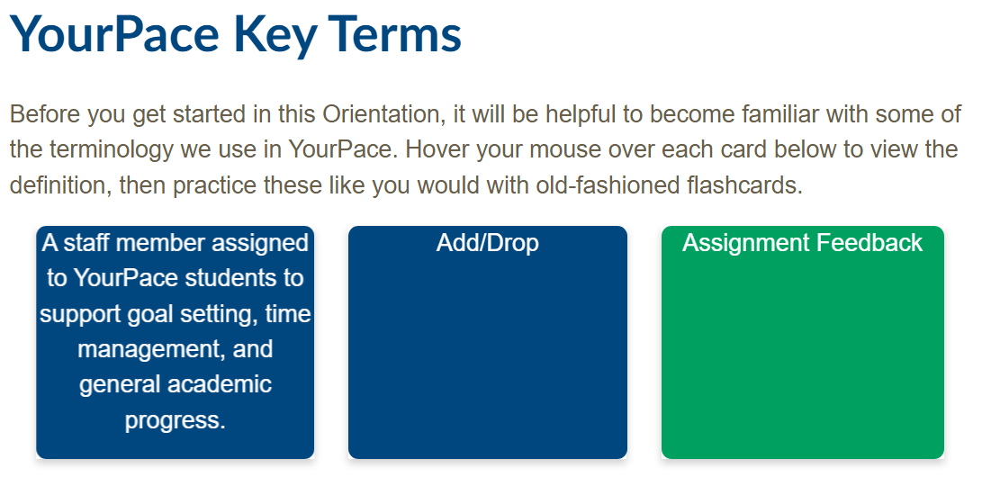 Brightspace orientation page showcasing the Flip Card interaction tool providing virtual flashcards for students to practice learning important terms.