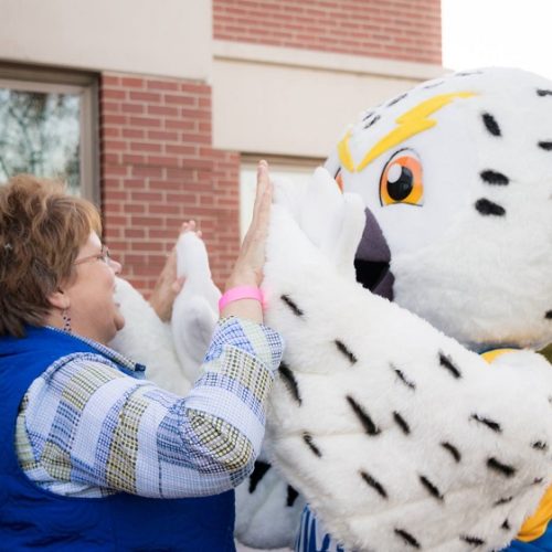 Photo of UMPI staff member high fiving Hootie the Owl mascot.