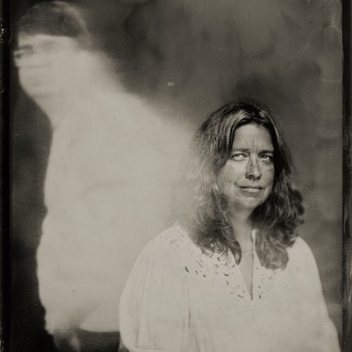 Portrait photo of Sarah Sweeney with superimposed image of her father to one side.