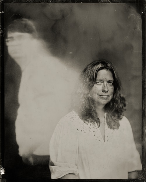 Portrait photo of Sarah Sweeney with superimposed image of her father to one side.