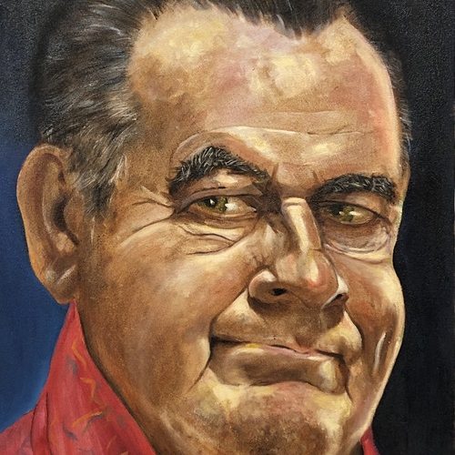 Photo of self-portrait painting by Roger Morin.