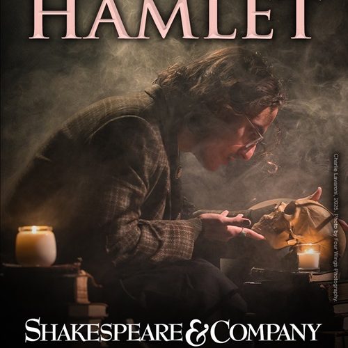 Promotional image of Shakespeare & Company's Hamlet production featuring a male actor looking at a skull.