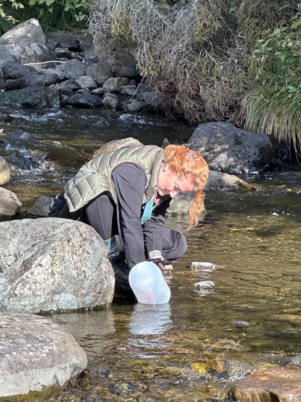 Photo of Anna Vinton conducting research in a streambed.