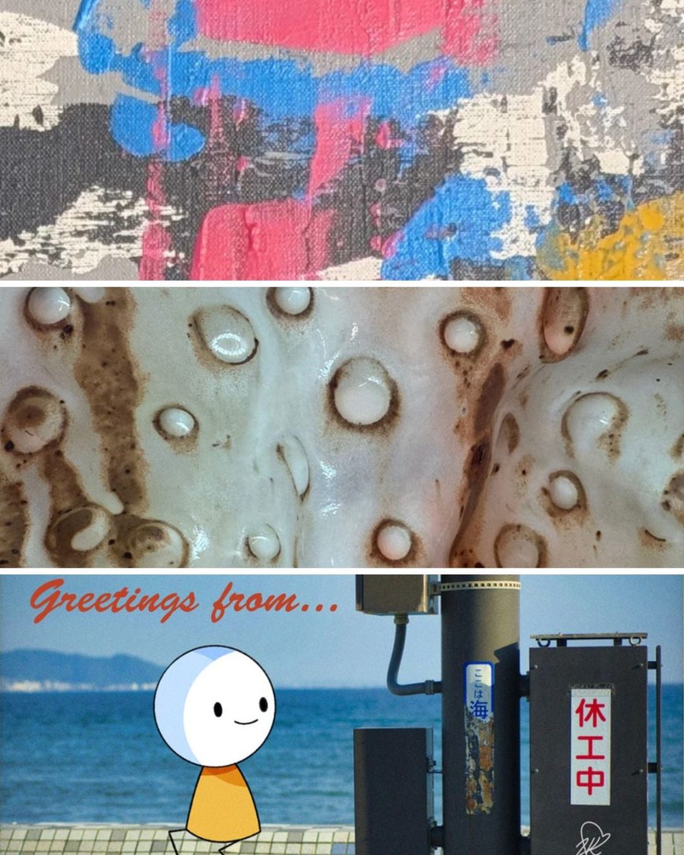 Photo collage of three senior show images - abstract artwork by Ryan Lemire, ceramic work by Peter Rogers, and mixed media by Lee Kerecman.