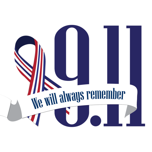Illustration that features a red, white, and blue remembrance ribbon next to the numbers 9.11. A banner across the numbers says "We will always remember."