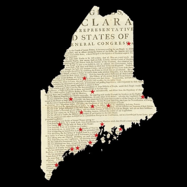Image of State of Maine with stars designating each Declaration of Independence tour stop location.