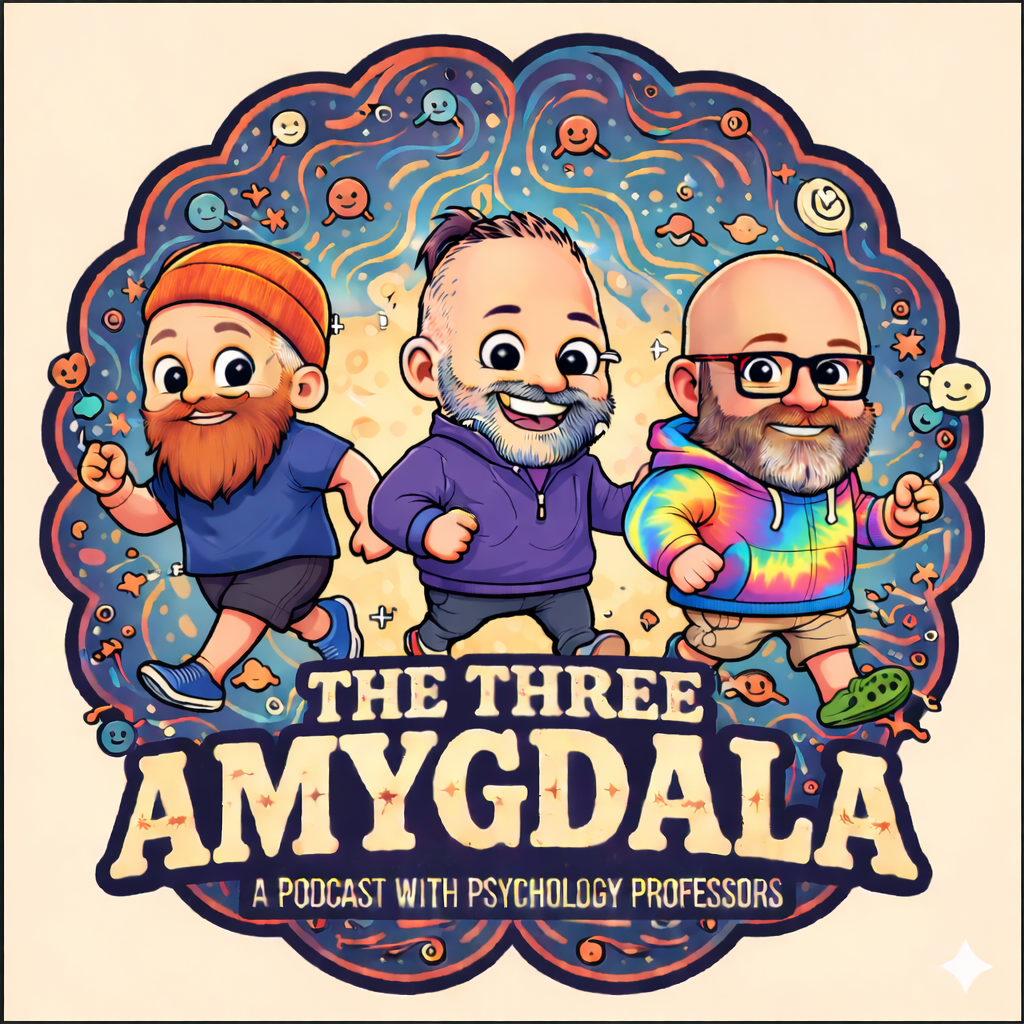 Graphic for Three Amygdala Podcast, showing cartoon versions of the three professors involved.