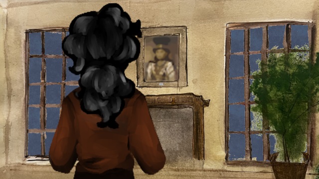 Illustration from Mary and Molly film. Mary, viewed from behind, looks at an image of Molly on the wall.