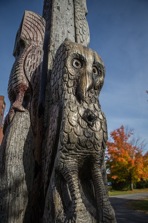 Photo of Owls wooden sculpture with fall leaves in the background.