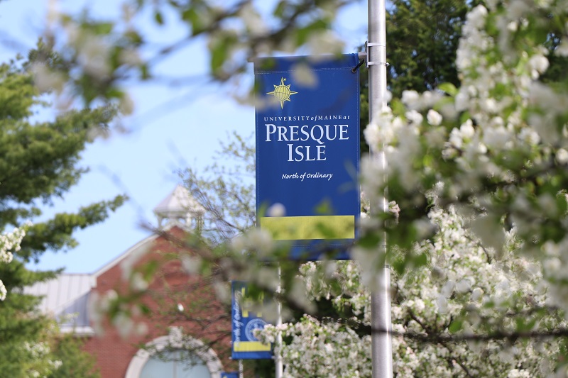 Photo of UMPI banner with Campus Center in the background.