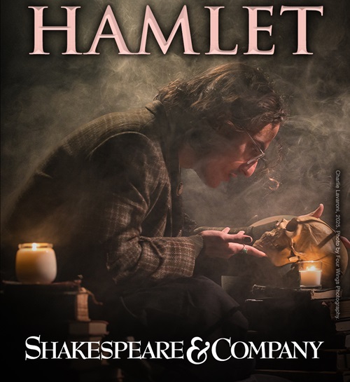 Promotional image of Shakespeare & Company's Hamlet production featuring a male actor looking at a skull.