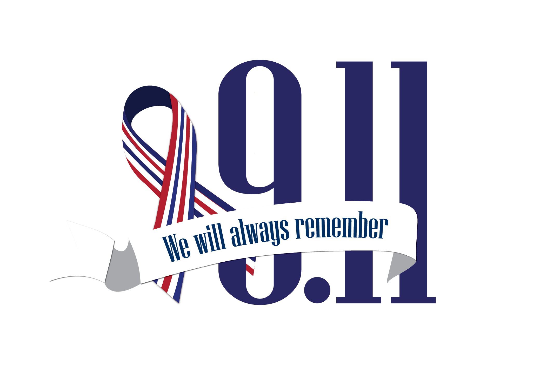 Illustration that features a red, white, and blue remembrance ribbon next to the numbers 9.11. A banner across the numbers says "We will always remember."
